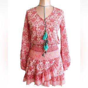 Bell Pink and White Floral Dress with Tassel Necklace